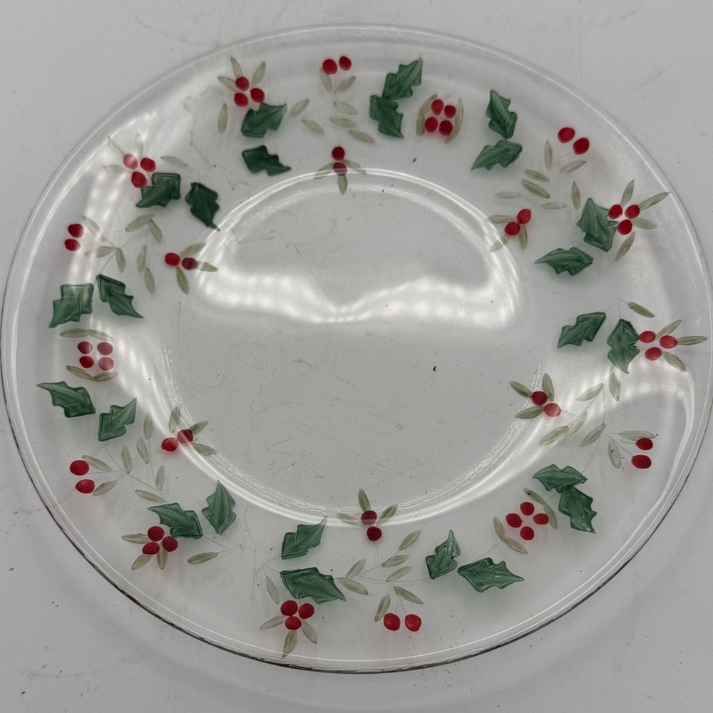 Vintage Pfaltzgraff Winterberry Glass Dessert Plates Etched Hand Painted Set x4